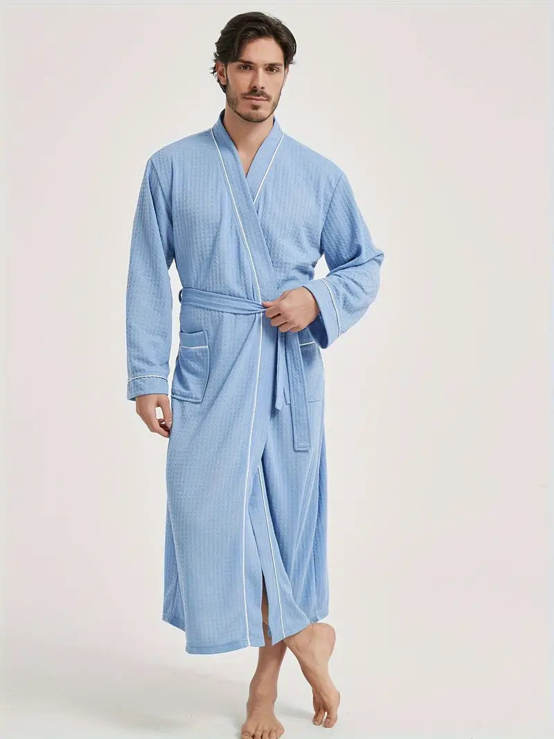 Men's long waffle bathrobe — Blue