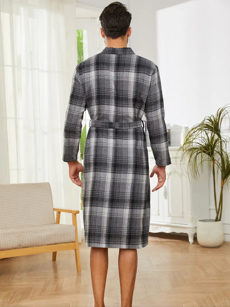 Men's long checked cotton kimono robe
