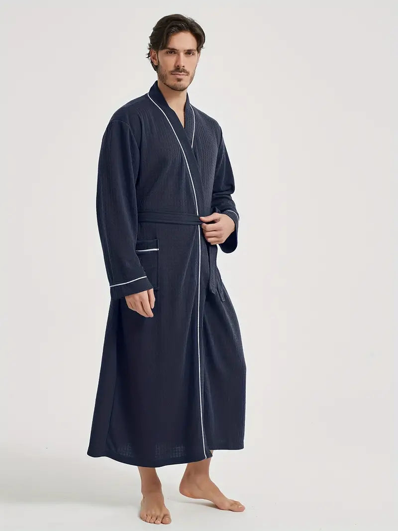 Men's long waffle bathrobe — Navy