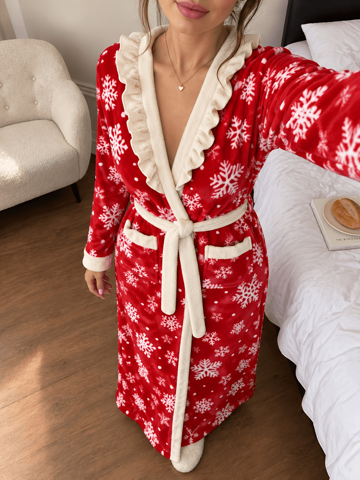 Women's red snowflake fleece dressing gown