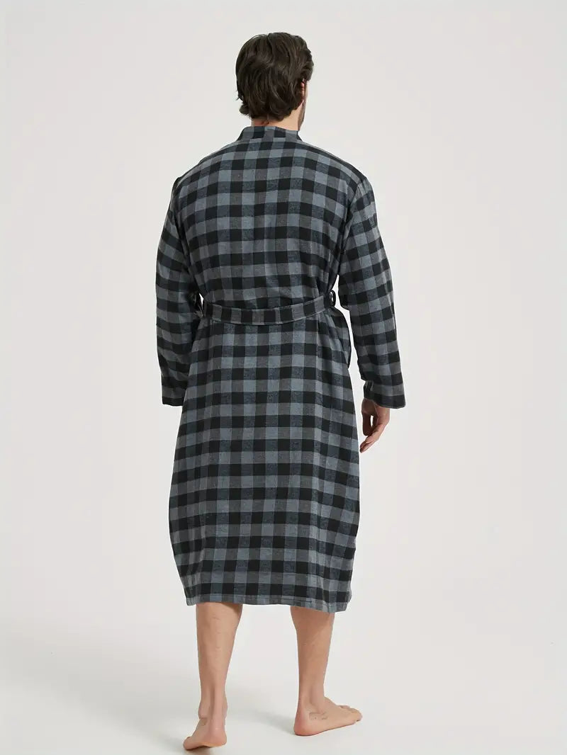 Men's long checked cotton dressing gown