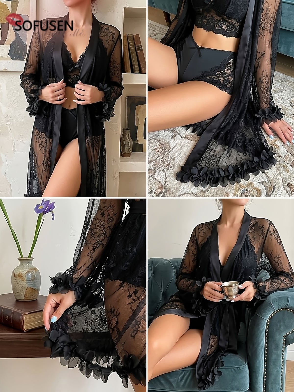Women's black short lace dressing gown