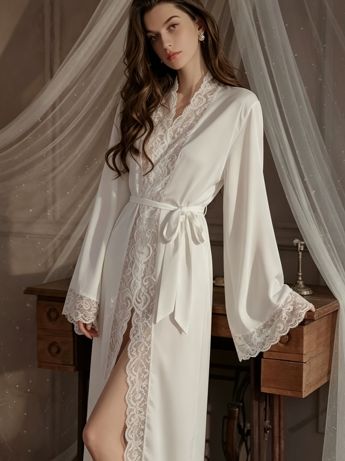 Women's white long satin dressing gown