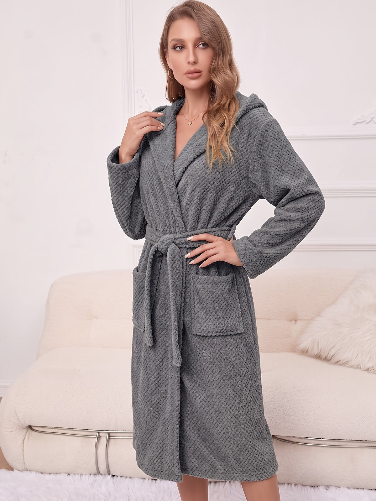 Women's long hooded tartan bathrobe