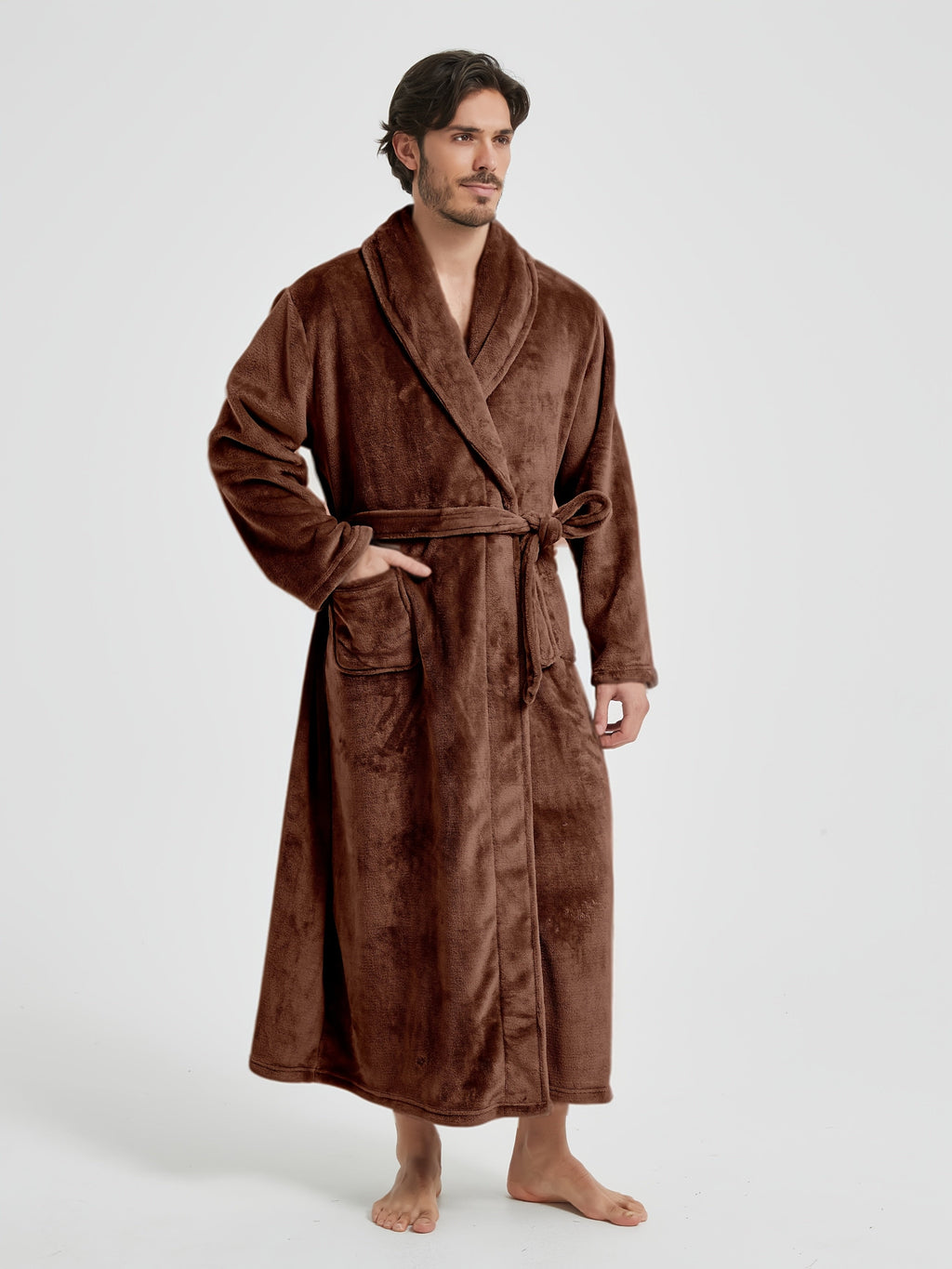 Men's long shawl collar towelling bathrobe — Brown