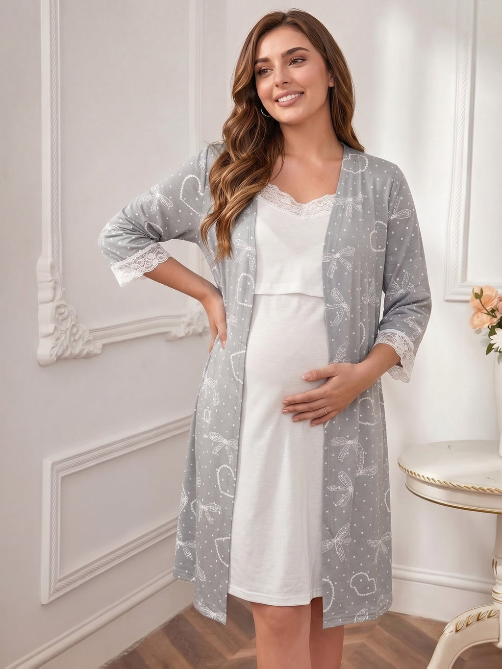 Women's maternity lace dressing gown and nightdress set