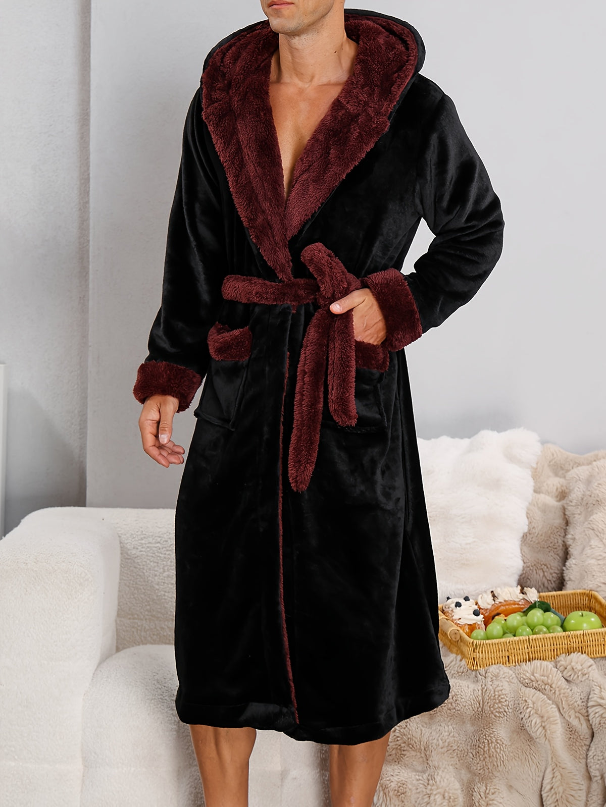 Men's black hooded plush dressing gown