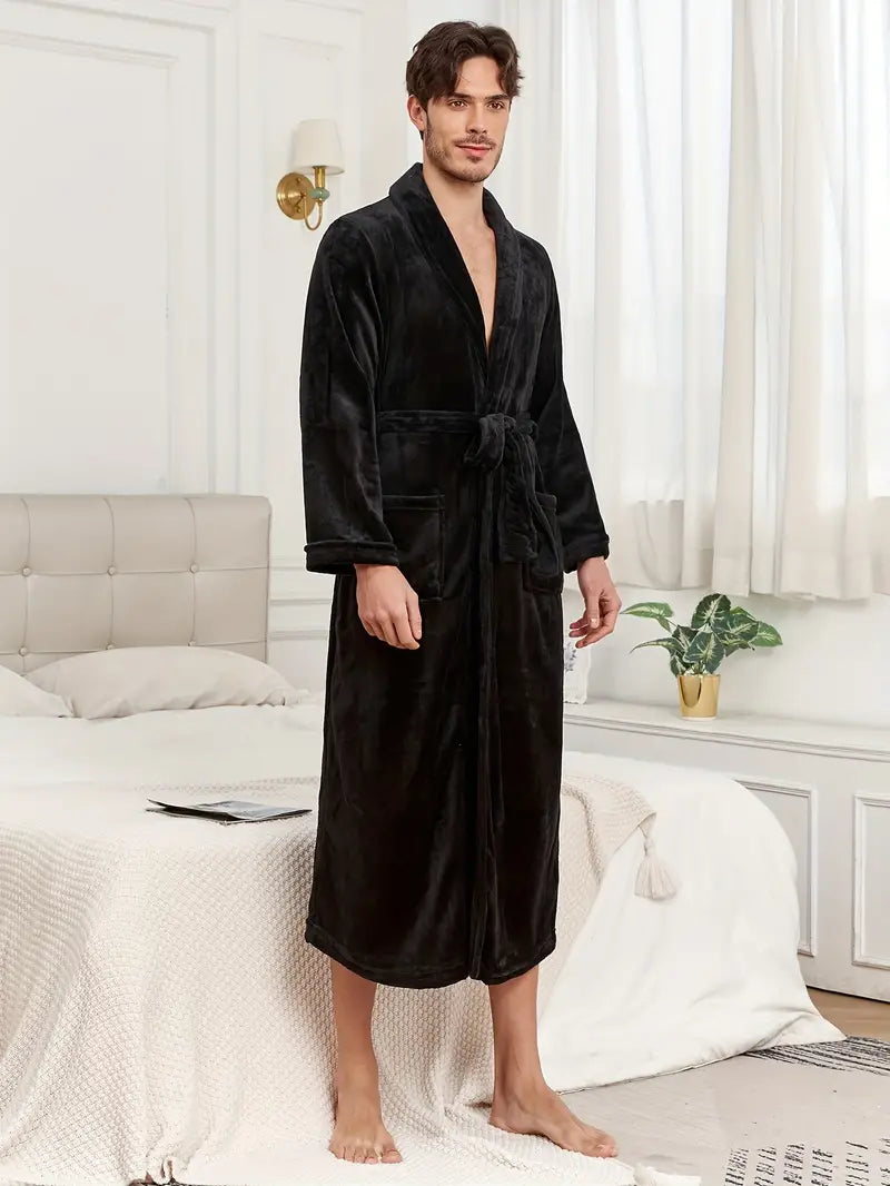 Men's long warm fleece bathrobe, plus size