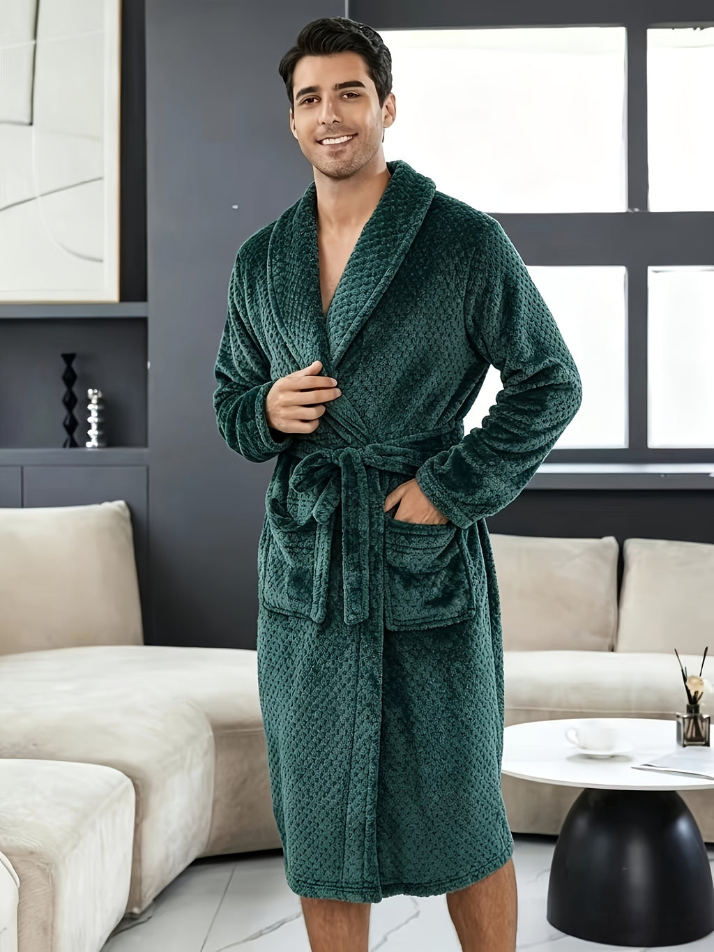 Men's textured fleece bathrobe