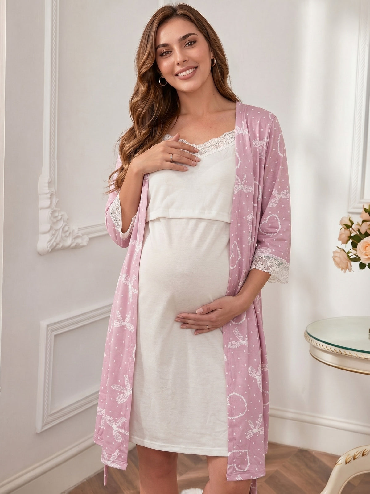Women's maternity lace dressing gown and nightdress set