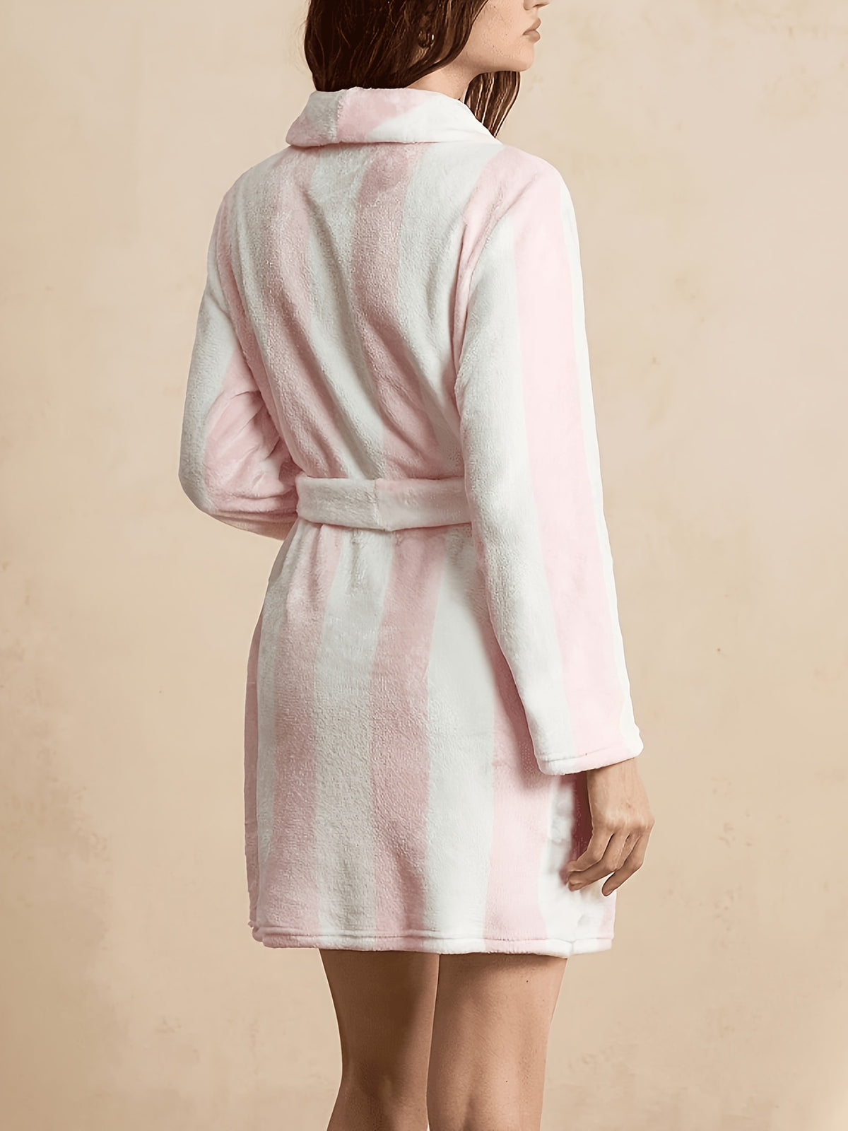 Women's pink and white striped plush dressing gown