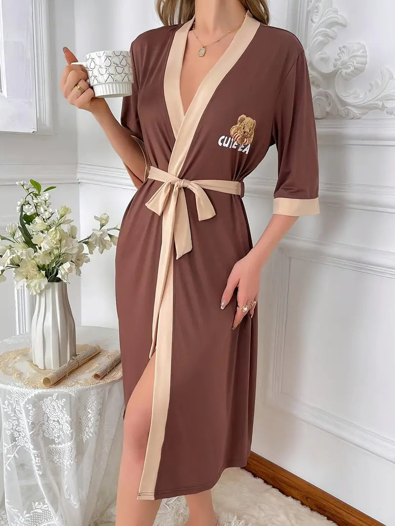 Women's long brown bear print dressing gown