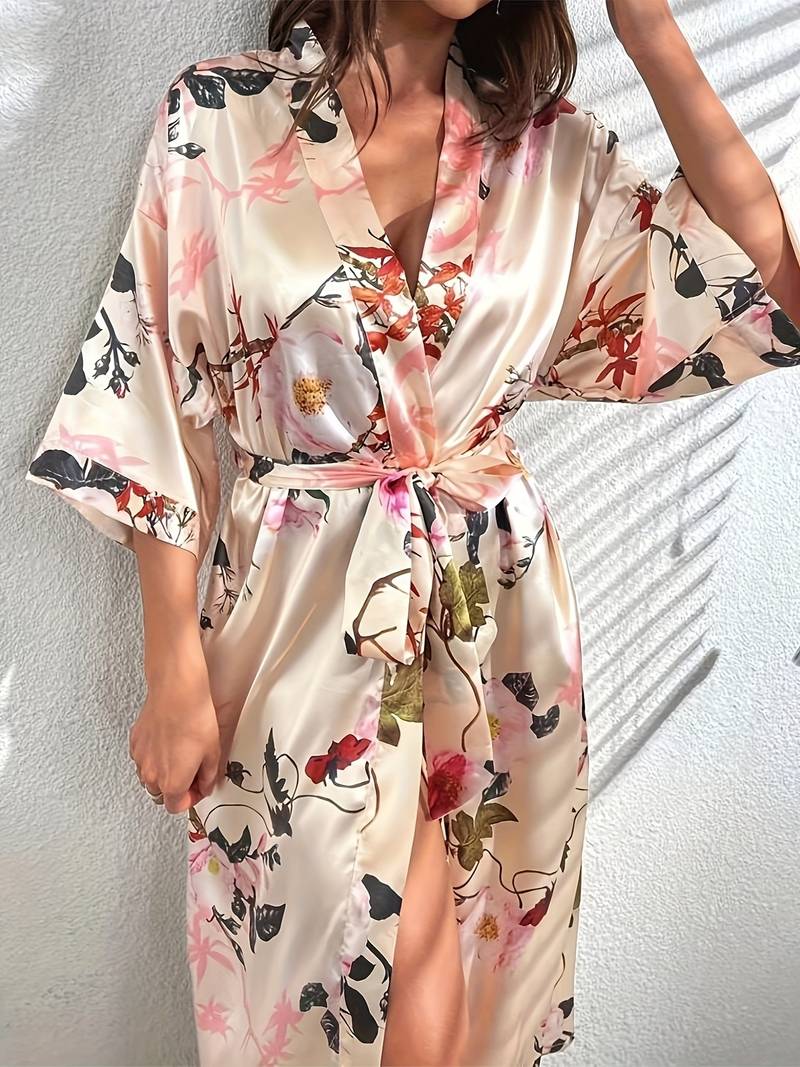 Women's long floral satin dressing gown