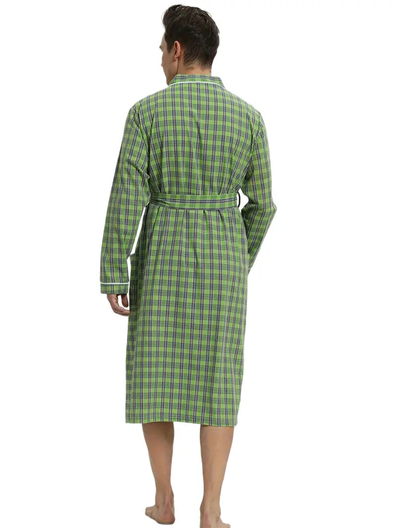 Men's long green checked cotton kimono robe