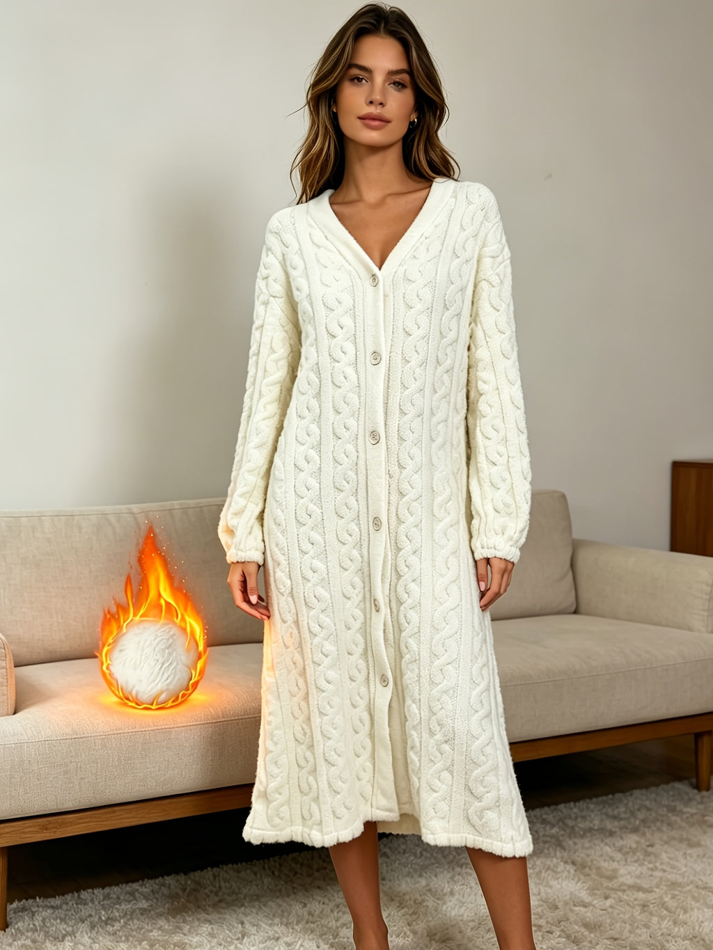 Women's cream cable knit button-up dressing gown