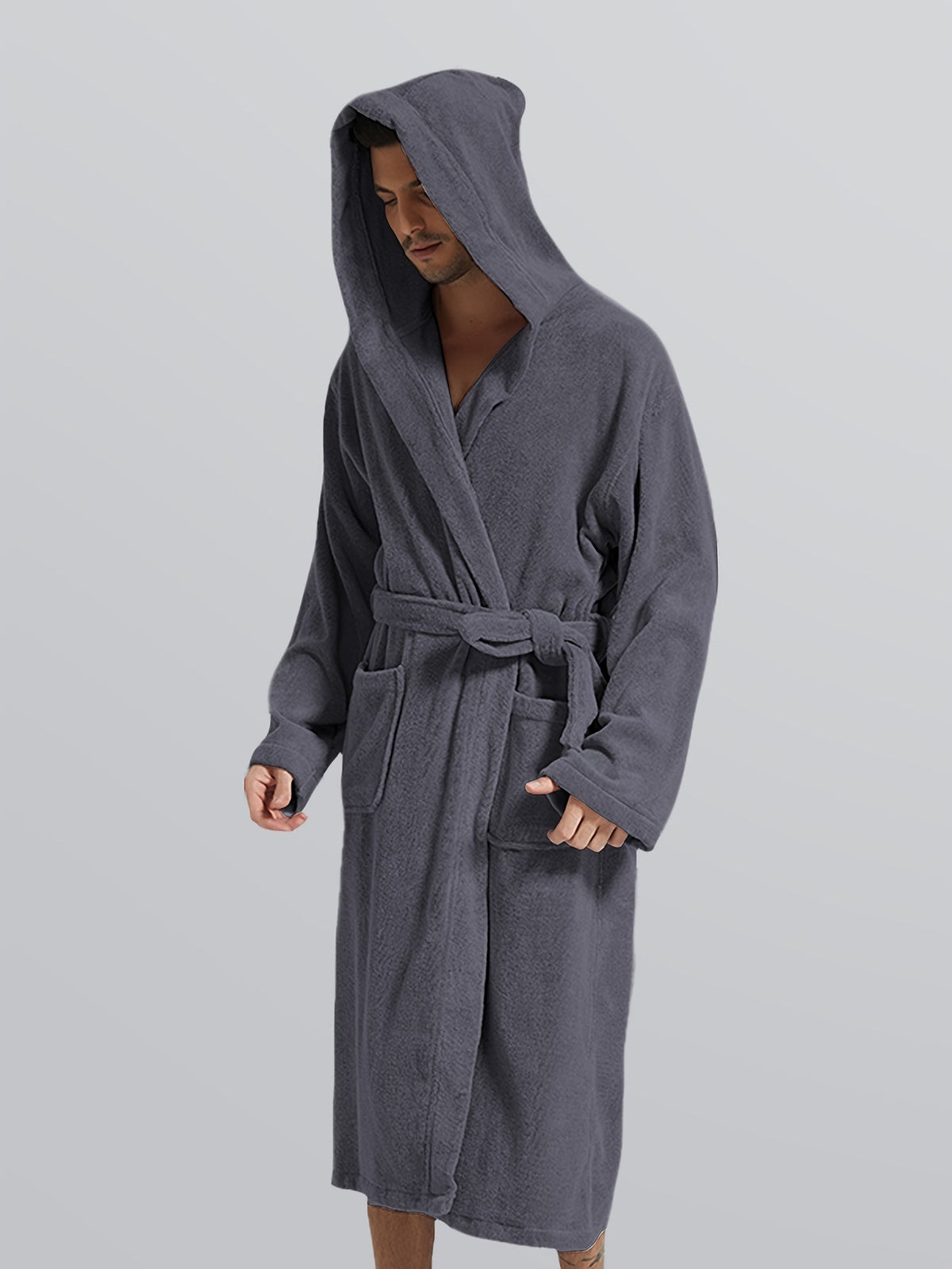 Men's soft hooded fleece dressing gown, beige