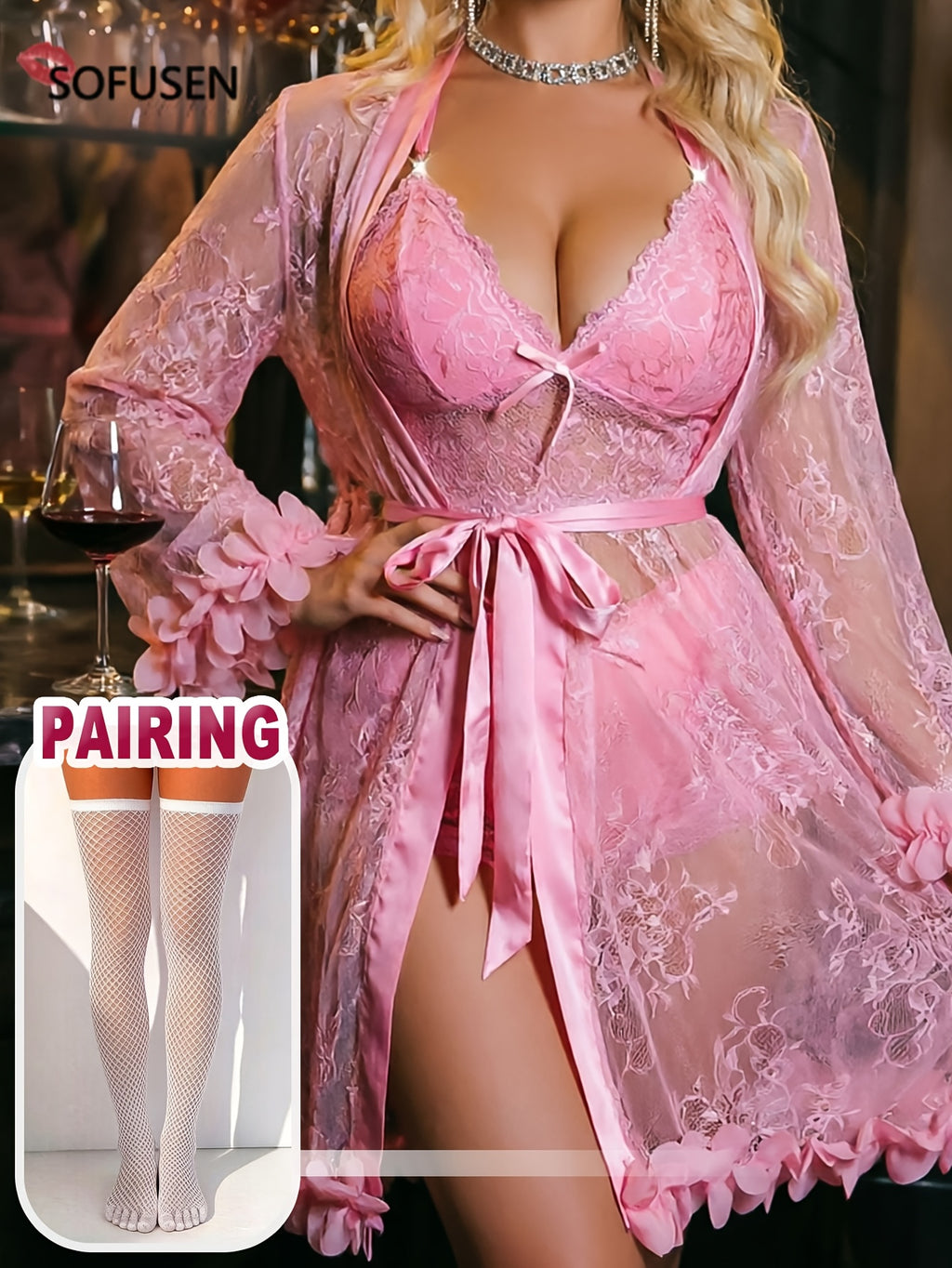 Women's black short lace dressing gown