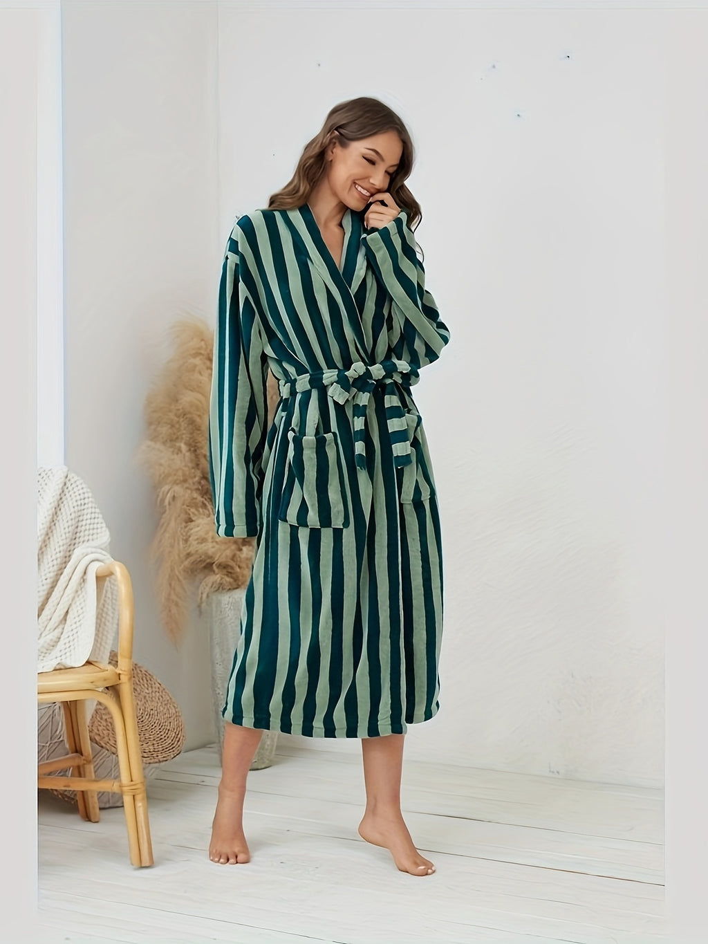 Women's green striped waffle dressing gown