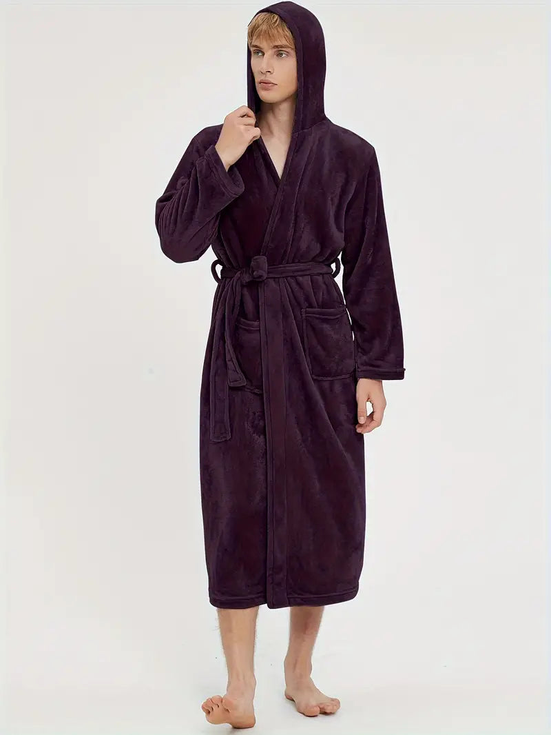 Men's hooded fleece bathrobe, charcoal