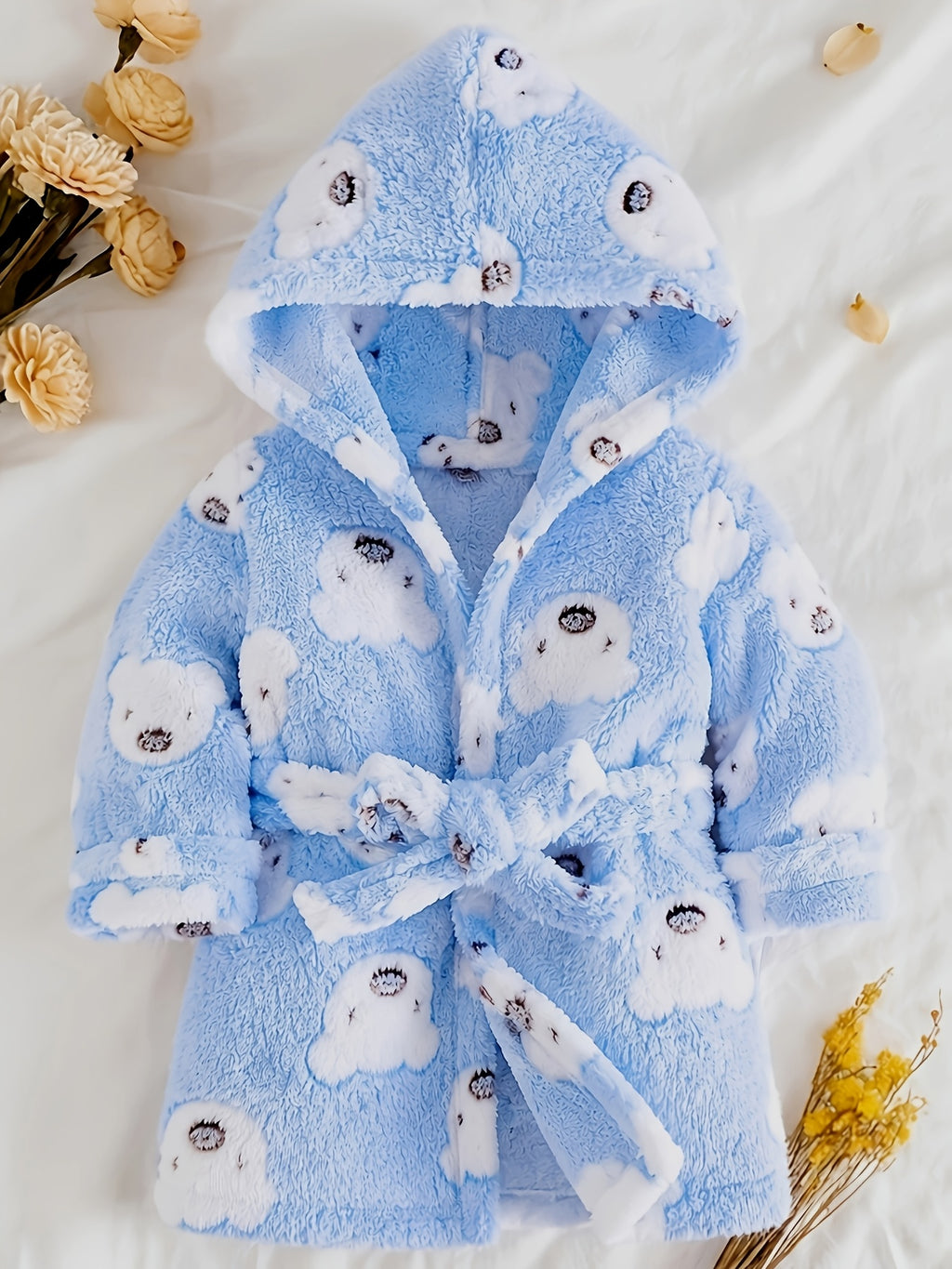 Baby blue hooded fleece bathrobe