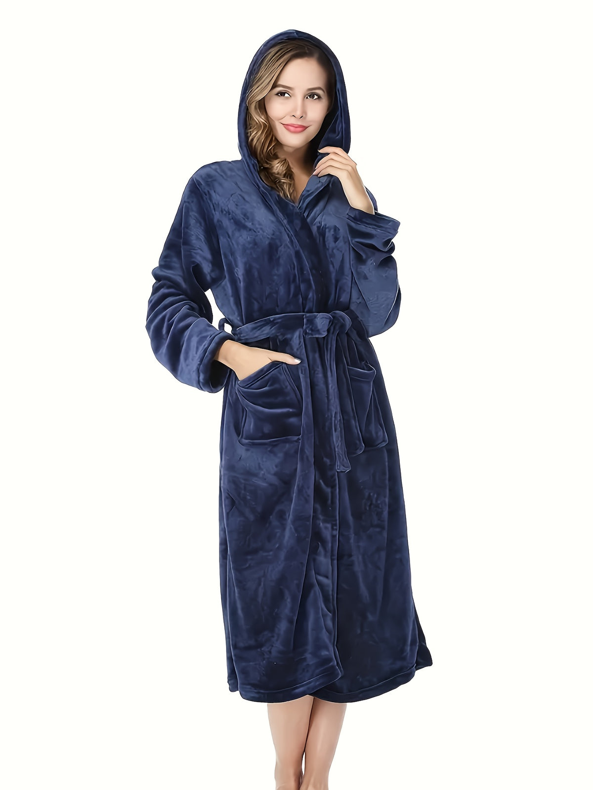 Women's long hooded flannel bathrobe