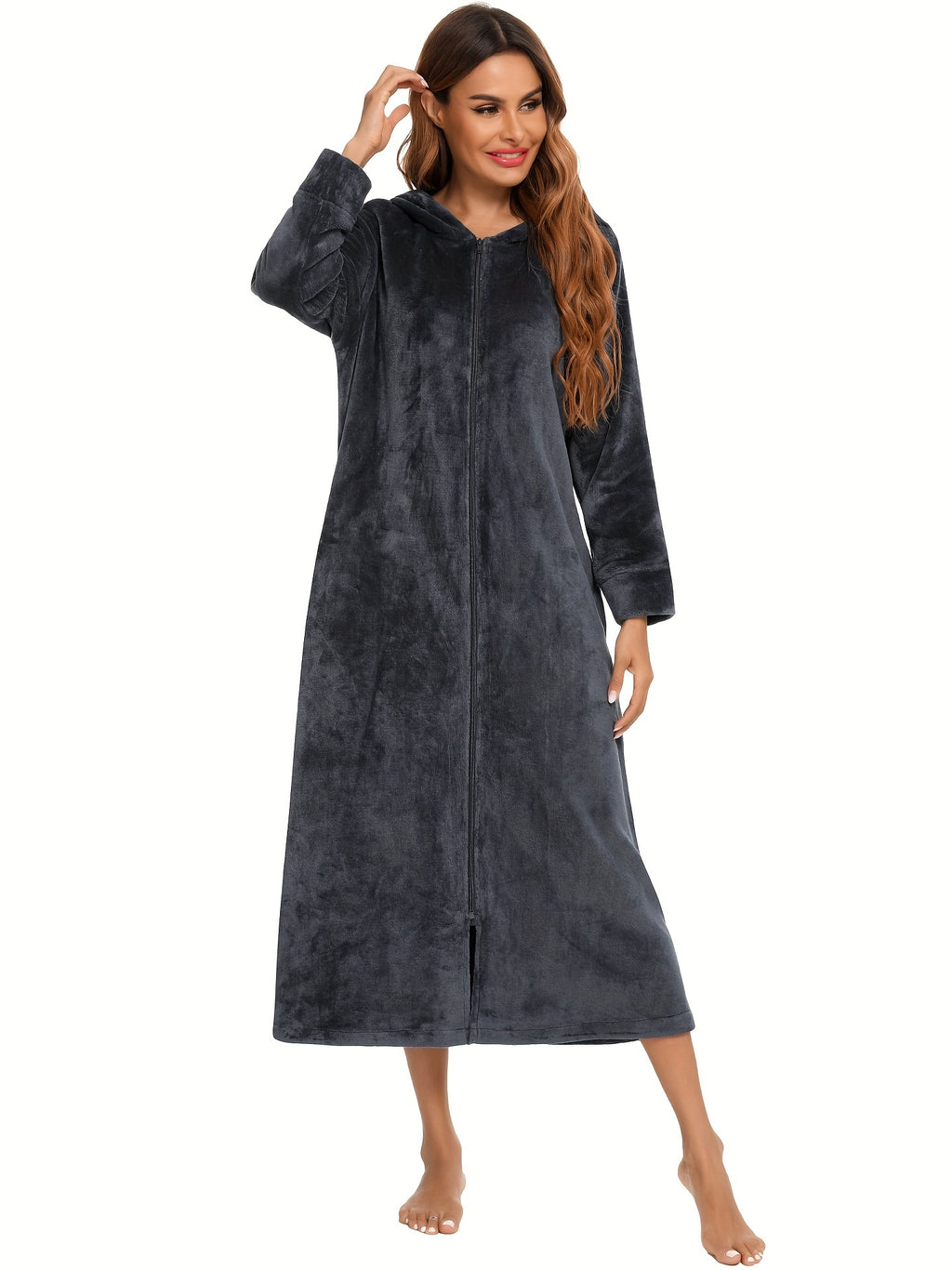 Women's hooded flannel zip-up dressing gown
