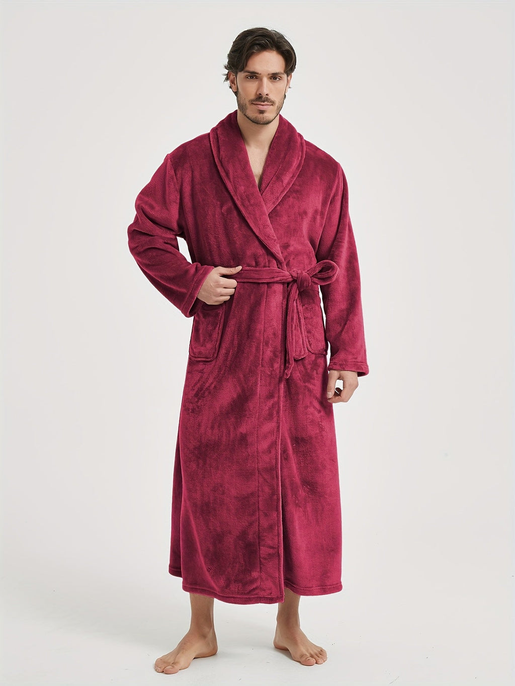 Men's long shawl collar towelling bathrobe — Red