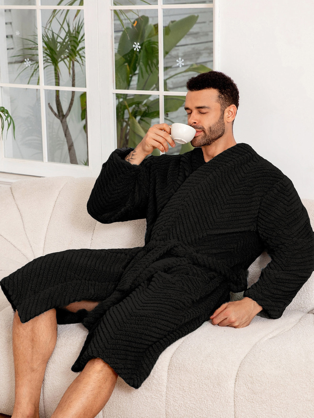 Men's long fleece bathrobe