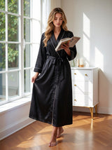 Women's black satin dressing gown with piping