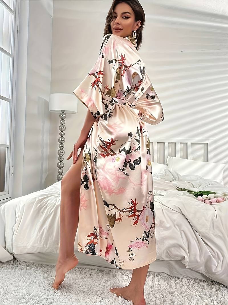 Women's long floral satin dressing gown