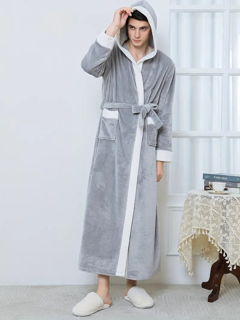 Men's long hooded towelling bathrobe, petite