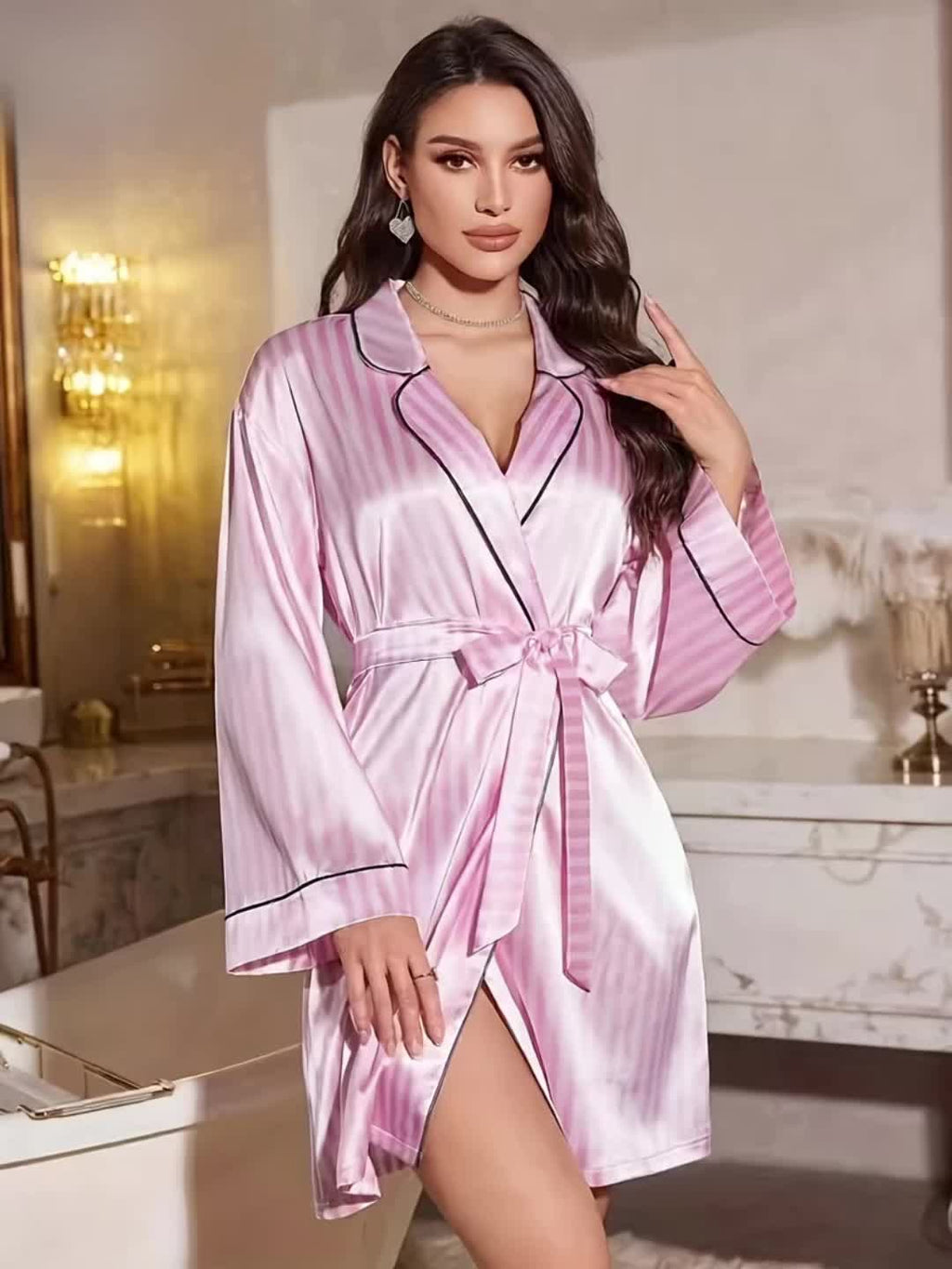 Women's pink striped satin dressing gown
