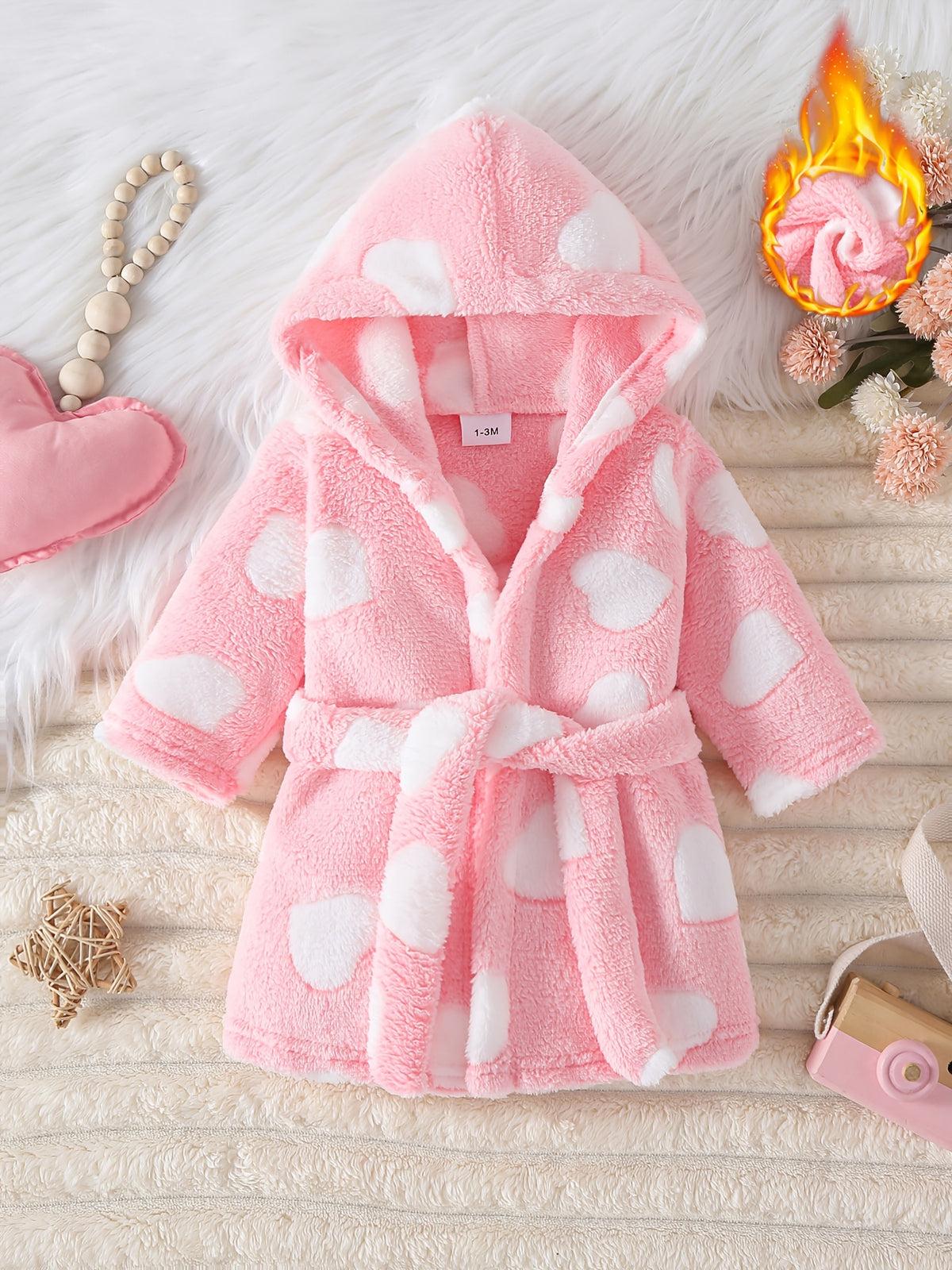 Newborn pink long hooded fluffy fleece dressing gown