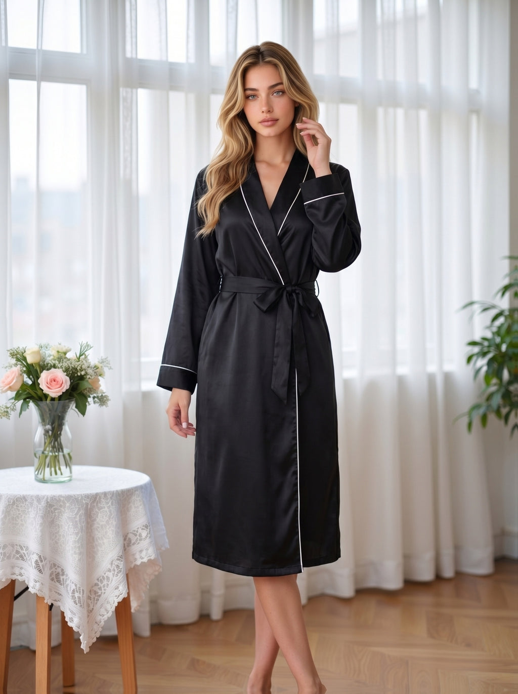 Women's black satin dressing gown with piping