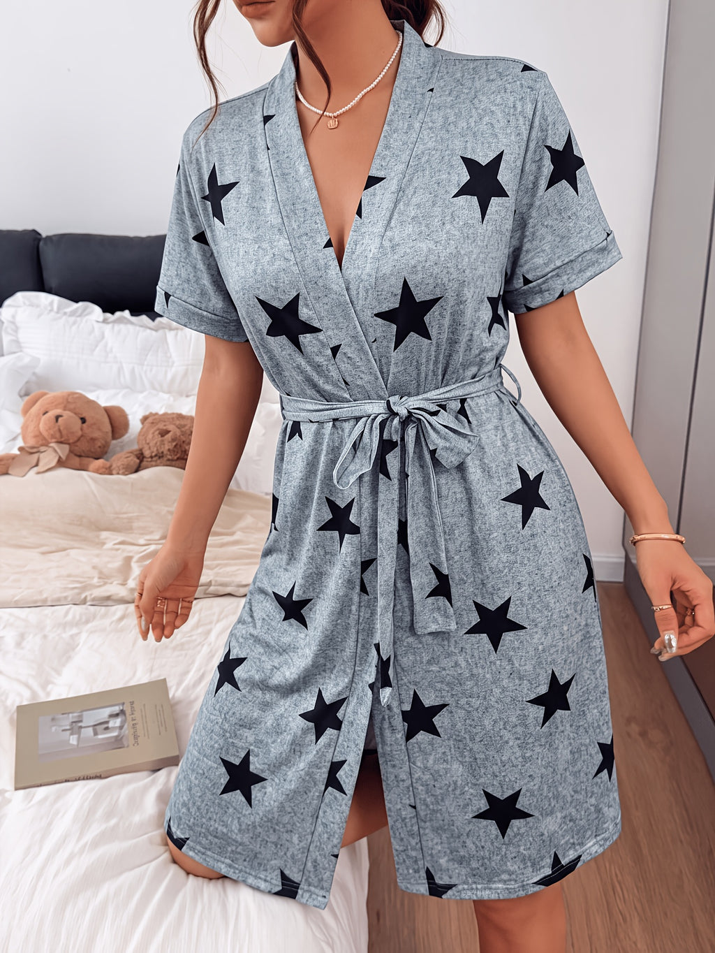 Women's grey star print dressing gown