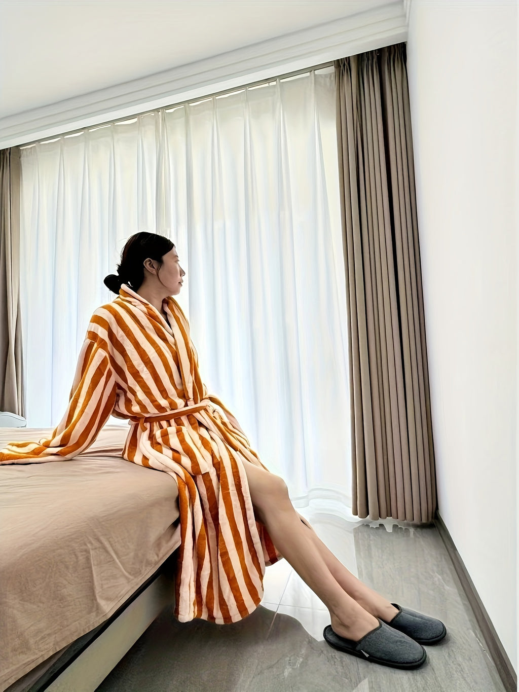 Women's green striped waffle dressing gown