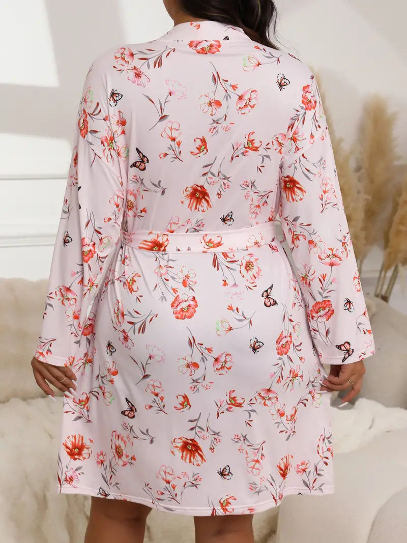 Women's short floral satin dressing gown, plus size
