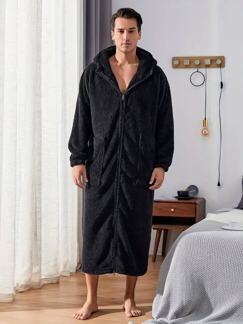 Men's long hooded towelling bathrobe — Black