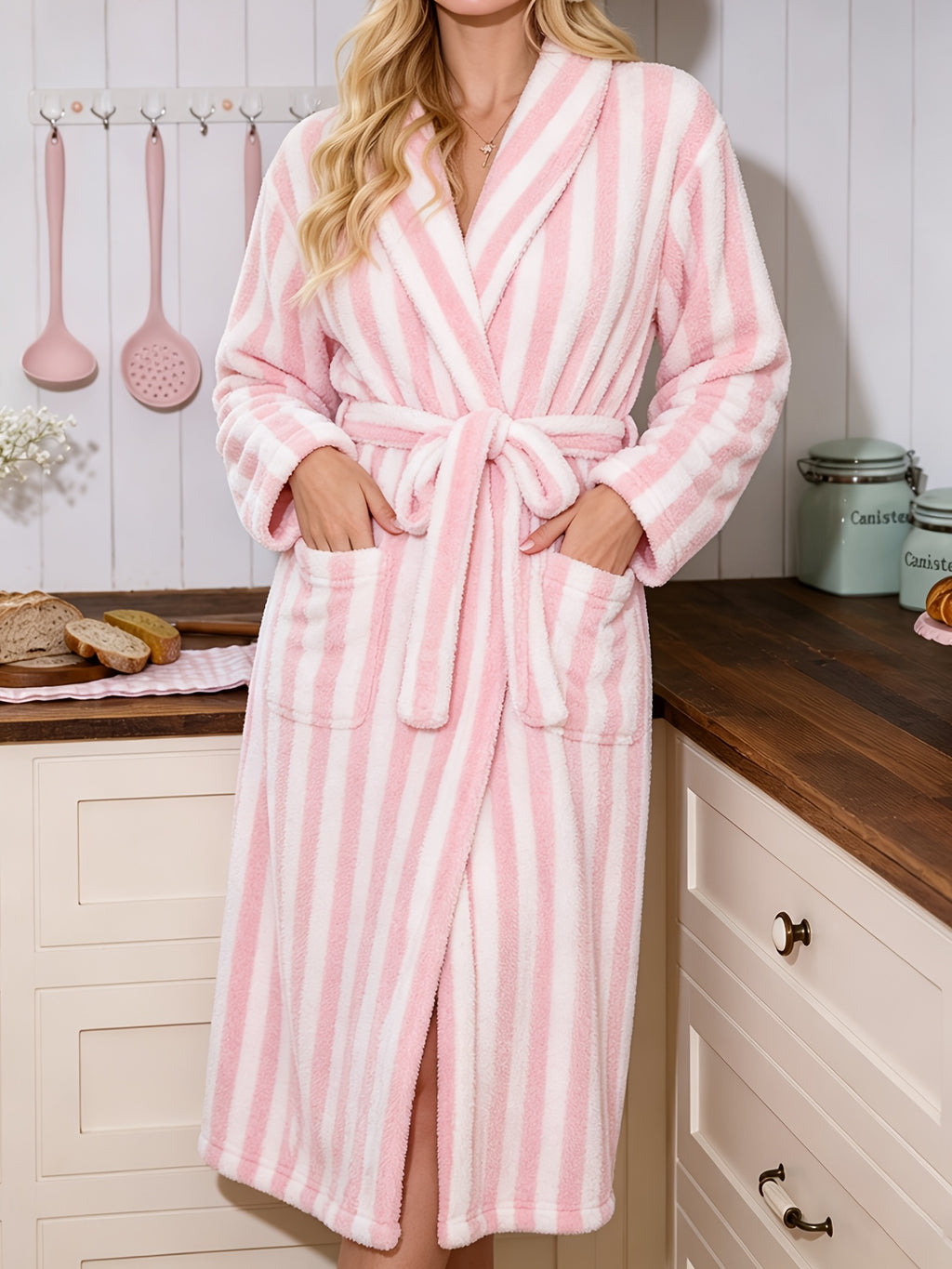 Women's pink striped fleece dressing gown
