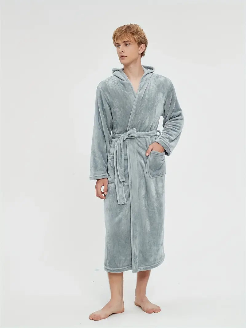 Men's hooded fleece bathrobe, charcoal