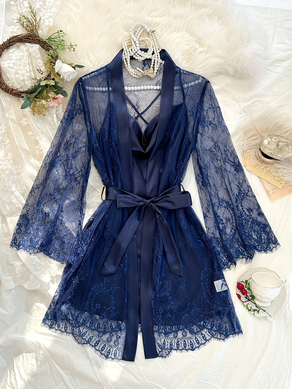 Navy lace dressing gown