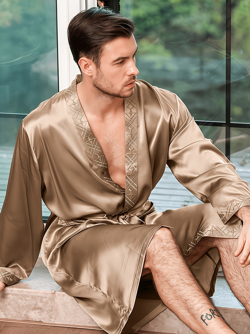 Men's champagne mulberry silk dressing gown