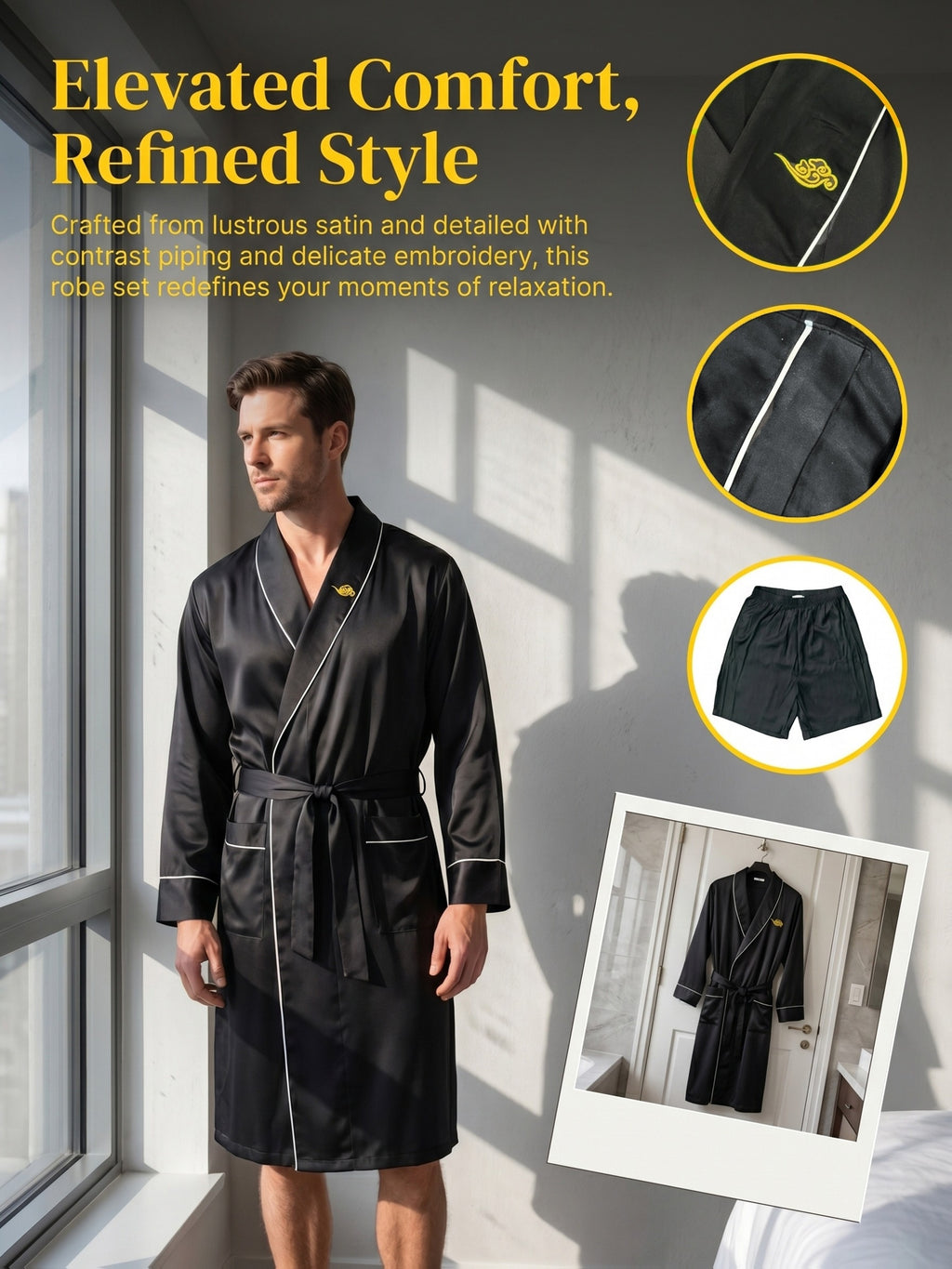 Men's embroidered satin dressing gown and shorts set