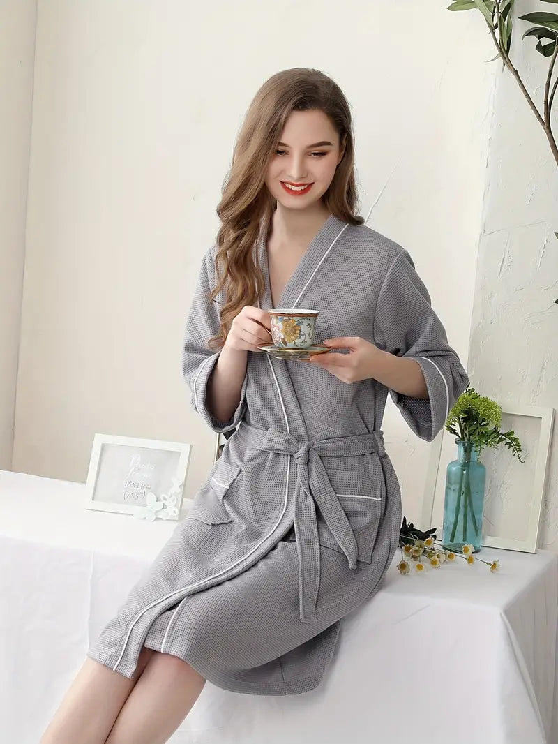 Women's long waffle bathrobe