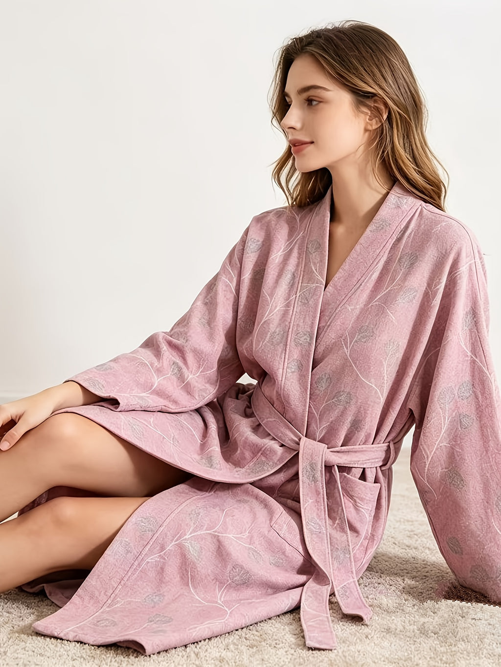 Women's pink floral kimono dressing gown