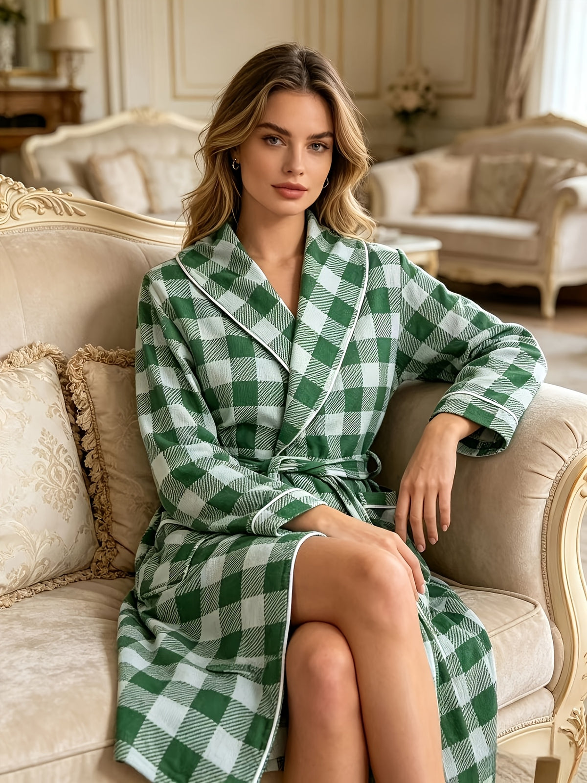Women's green checked waffle bathrobe