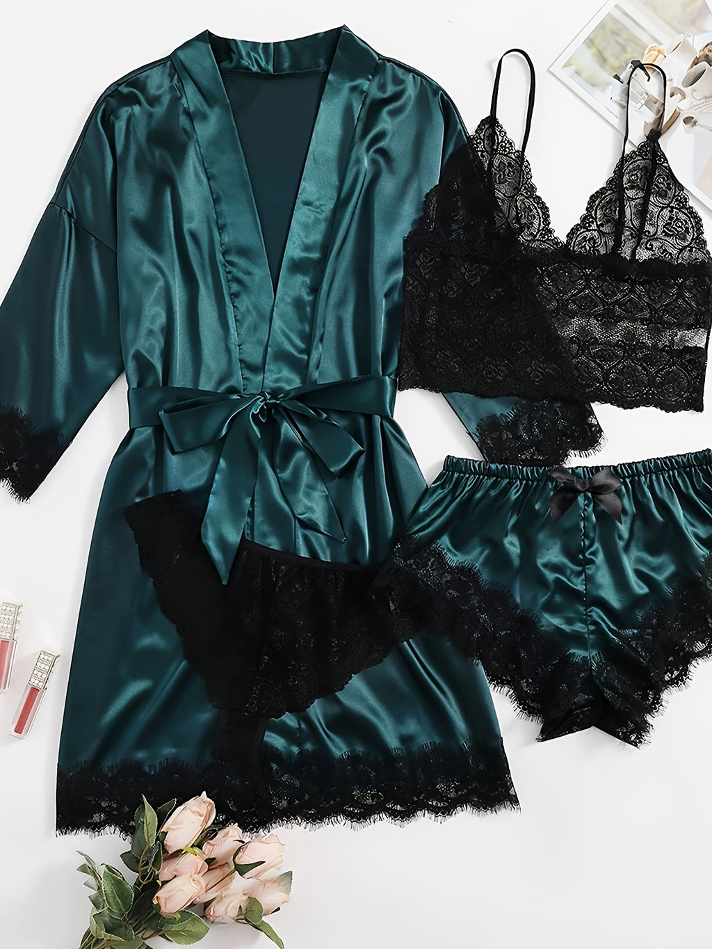 Women's lace satin robe and camisole set