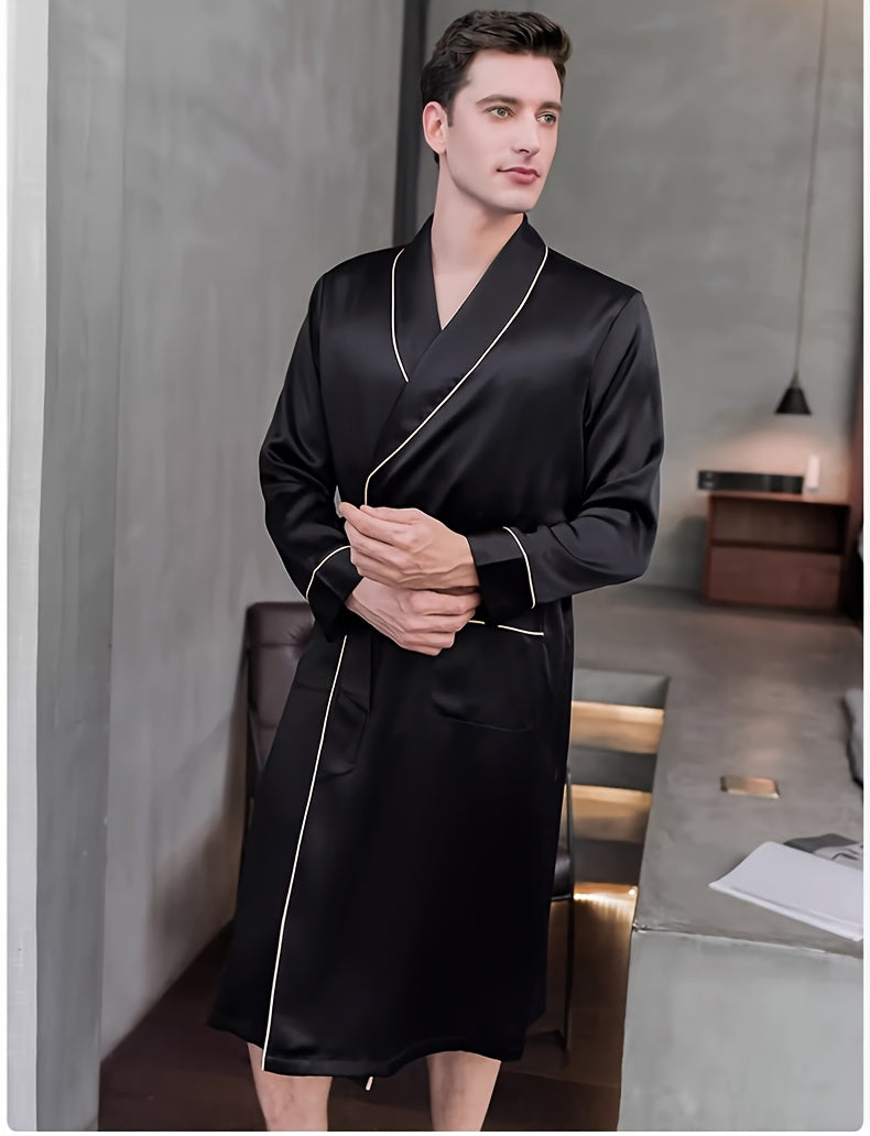 Men's black mulberry silk dressing gown