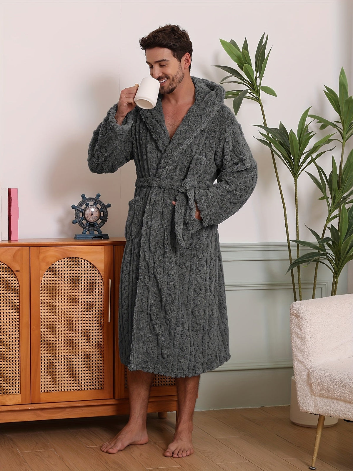 Men's cable-textured hooded towelling bathrobe — Grey
