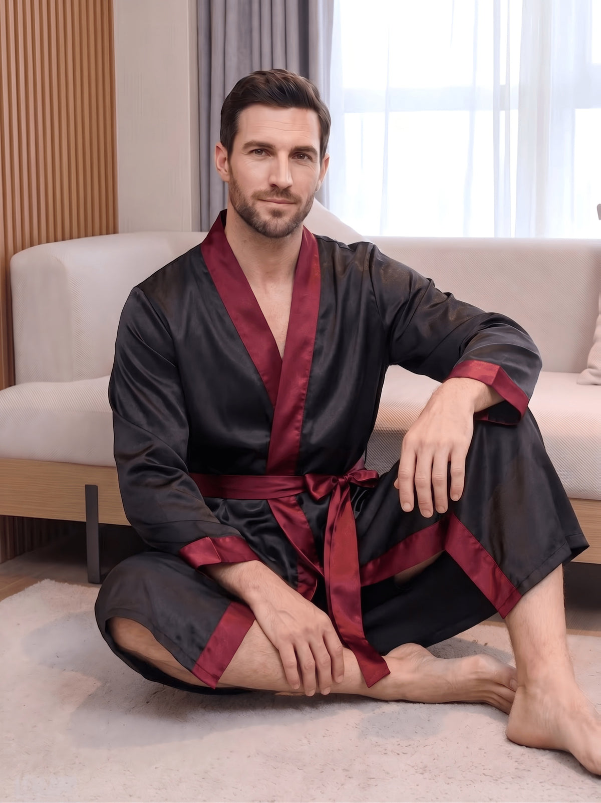 Men's black satin dressing gown with contrast trim